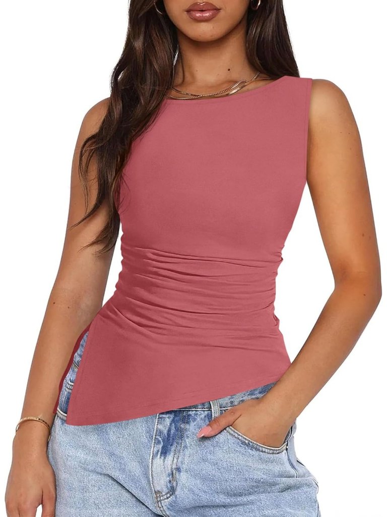 Women's Pink Ruched Sleeveless Shirt Summer Casual Slim Fit Going Out Blouses